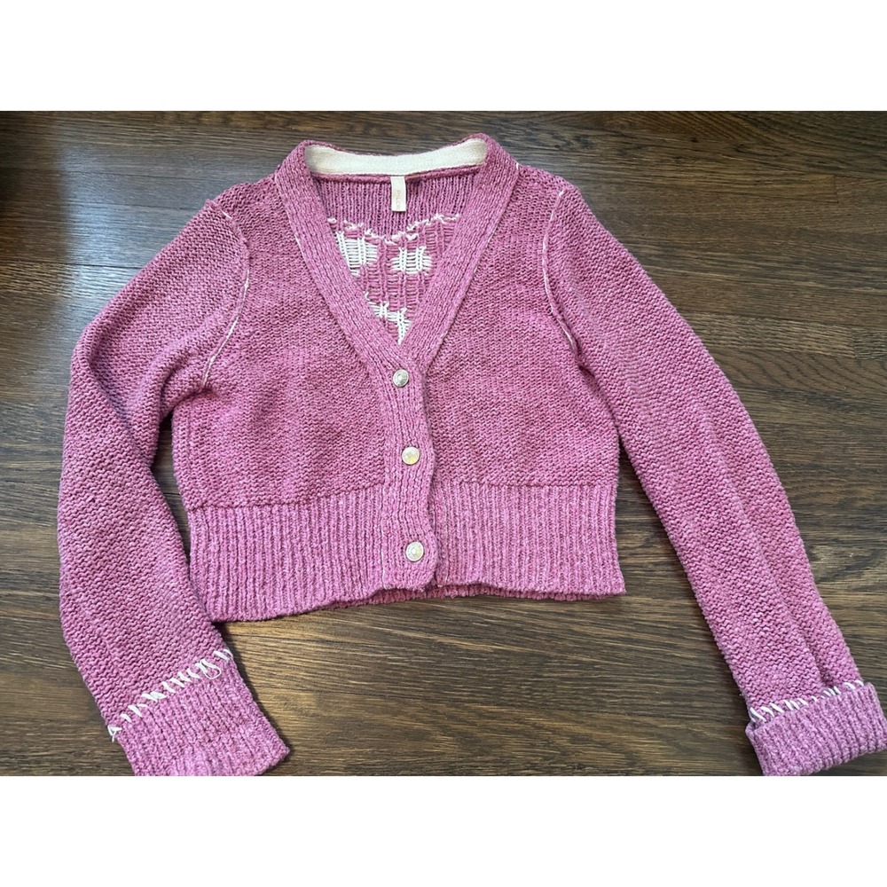 Pilcro Pink Yin Yang Heart Cropped Cardigan Sweater Small V-Neck Button Front